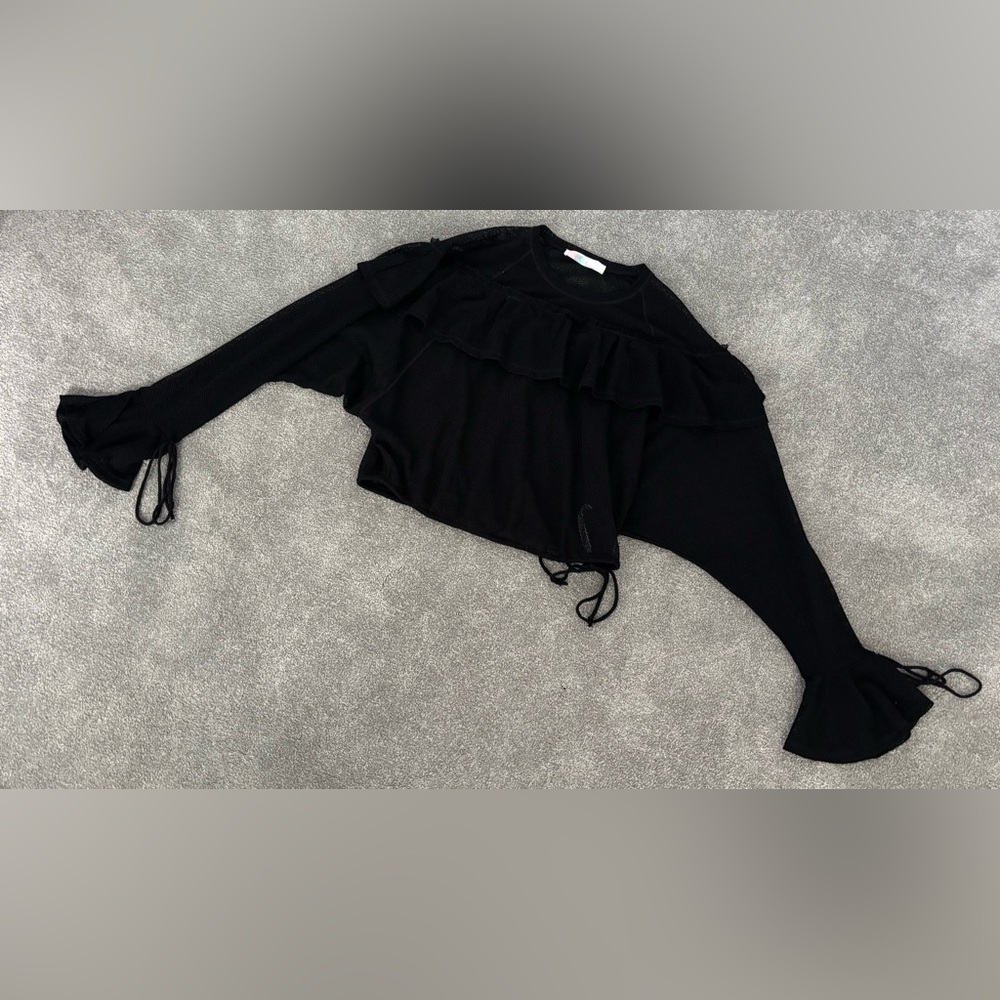Free People Beach Mesh Long Sleeve Ruffle Top in Black, Size M
